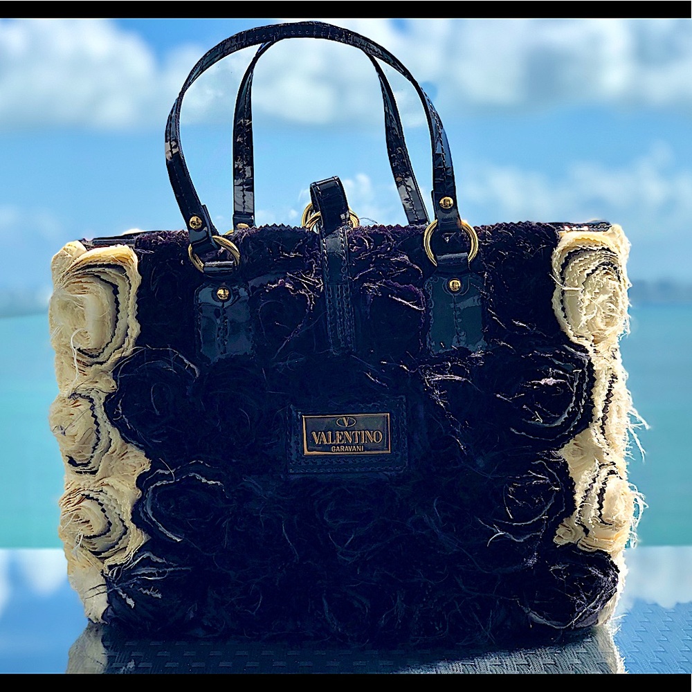 VALENTINO Large Cream/Black Silk Organza Rosier Tote Bag // PRE-OWNED LIKE NEW